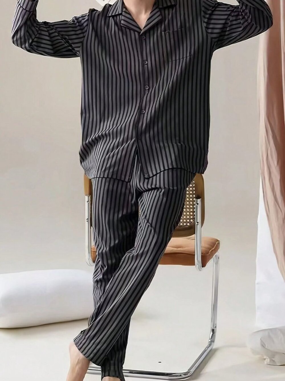 Black Casual Men's Striped Loose Fit Button Front Pajama Set